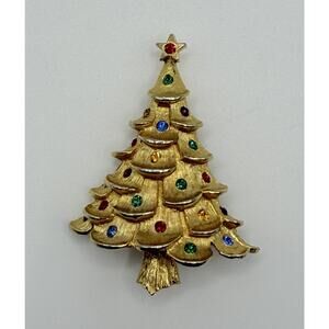 Vintage JJ Jonette Johnson Christmas Tree Gold Tone Brooch w/ Rhinestones
